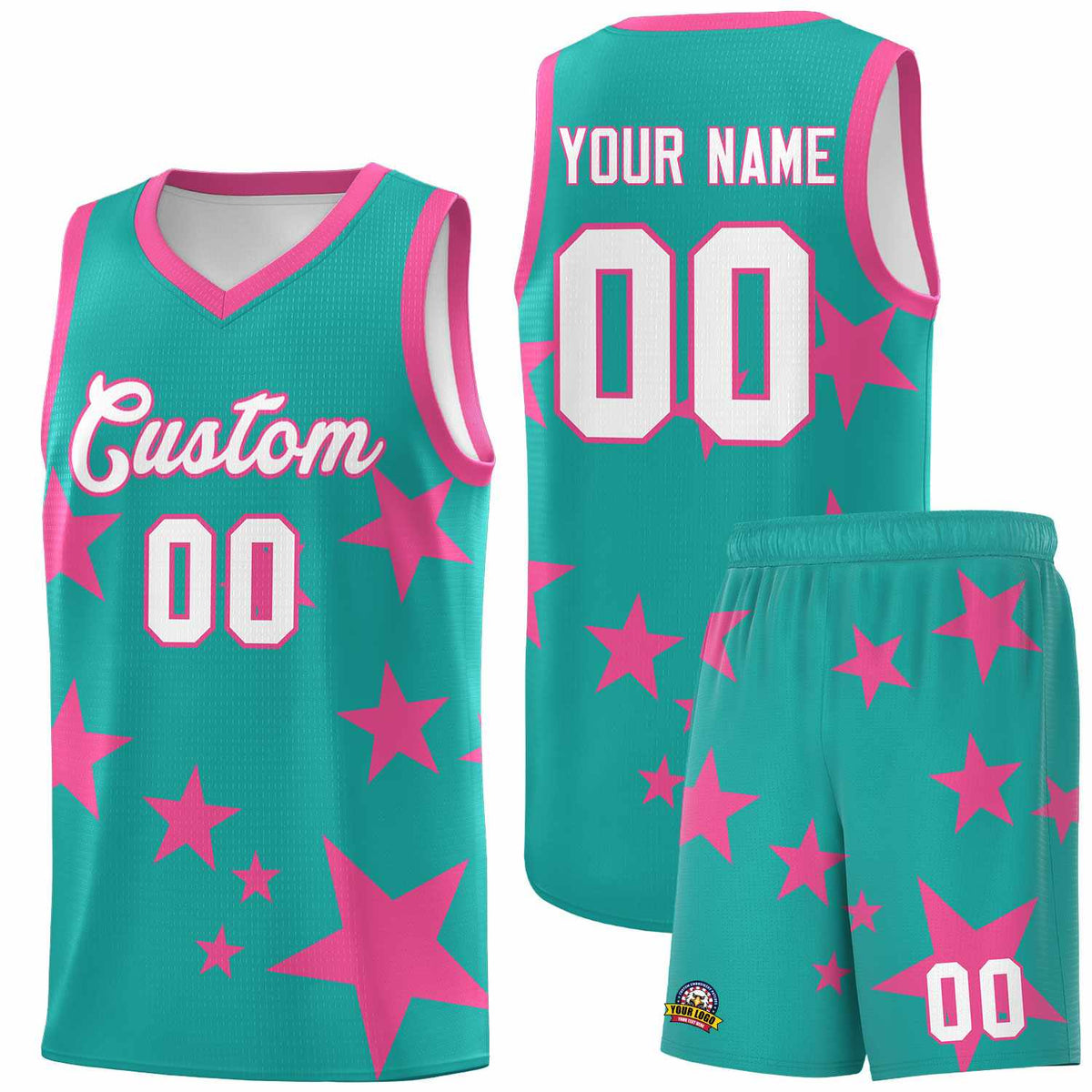 Custom Aqua Pink Graffiti Pattern Star Print Basketball Jersey Sets