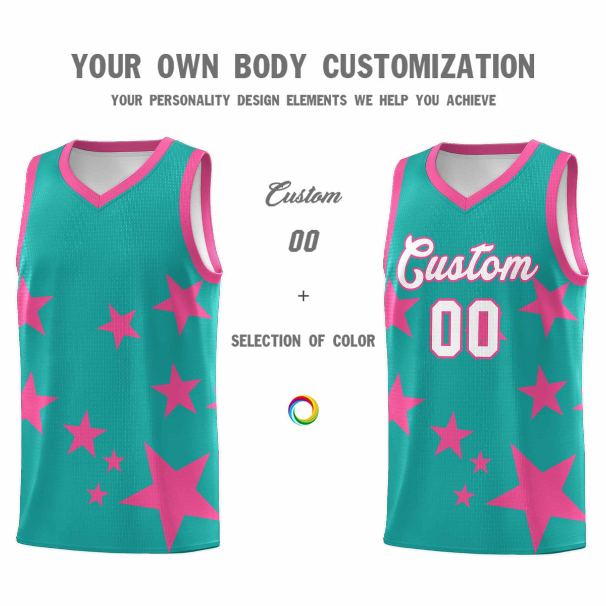 Custom Aqua Pink Graffiti Pattern Star Print Basketball Jersey Sets