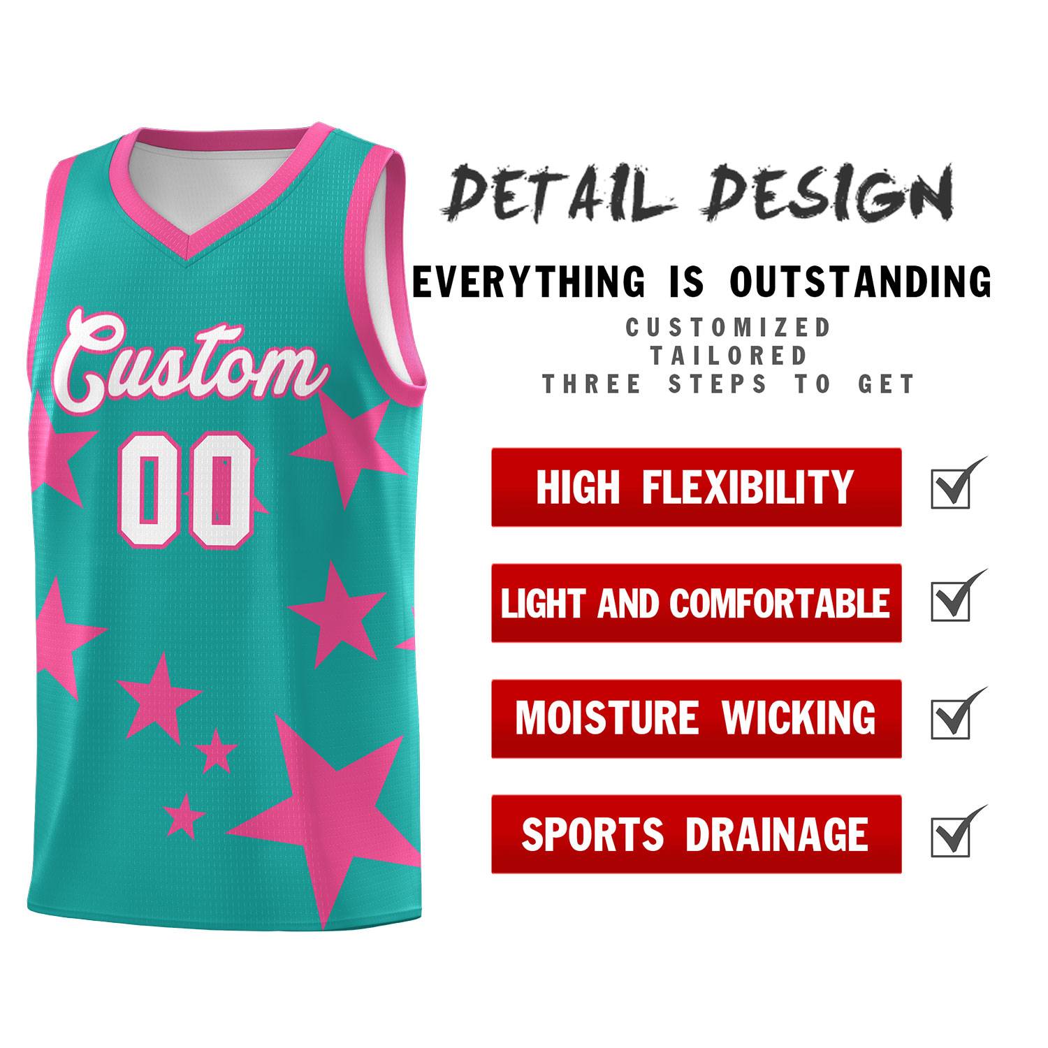 Custom Aqua Pink Graffiti Pattern Star Print Basketball Jersey Sets