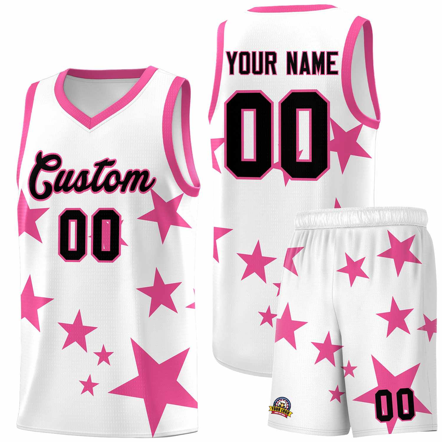 Custom White Pink Graffiti Pattern Star Print Basketball Jersey Sets