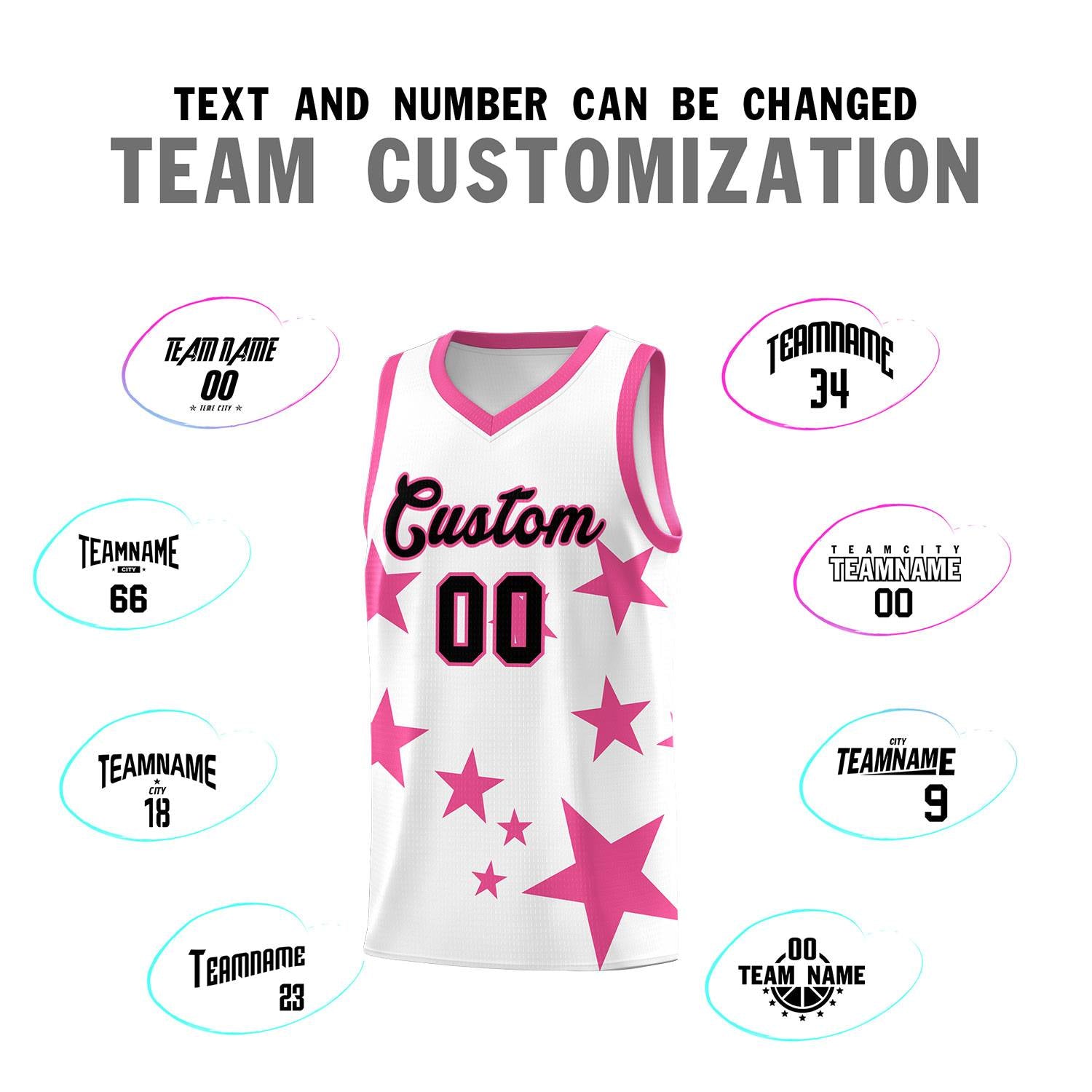 Custom White Pink Graffiti Pattern Star Print Basketball Jersey Sets