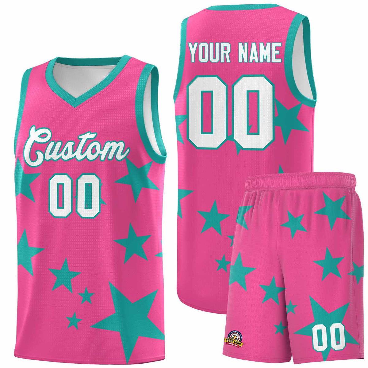 Custom Pink Aqua Graffiti Pattern Star Print Basketball Jersey Sets