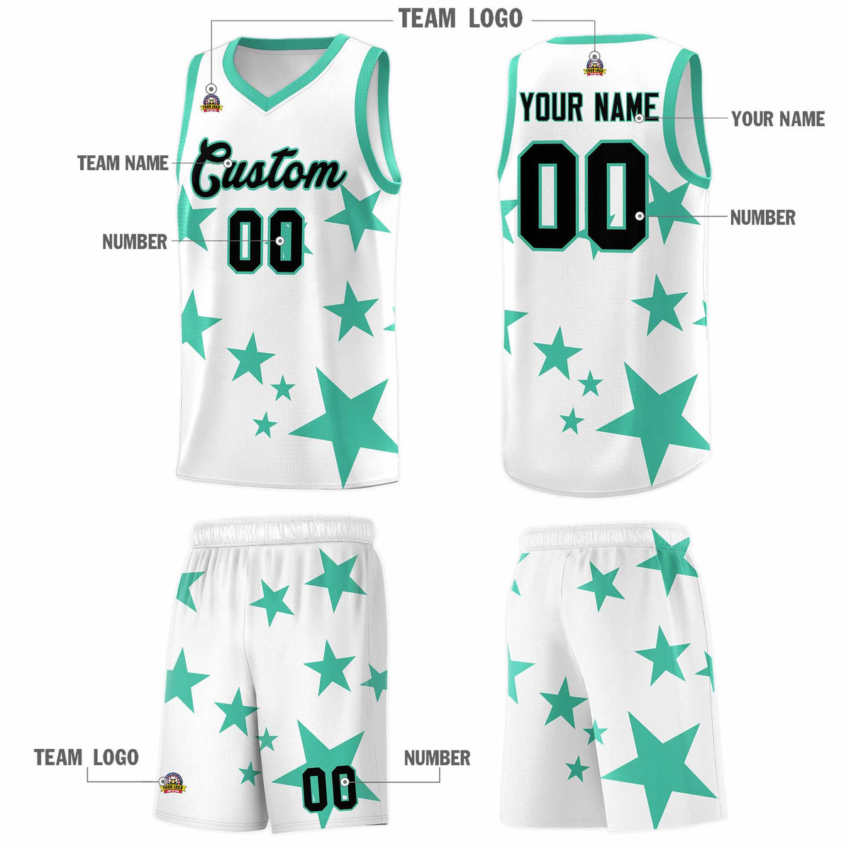 Custom White Bright Green Graffiti Pattern Star Print Basketball Jersey Sets