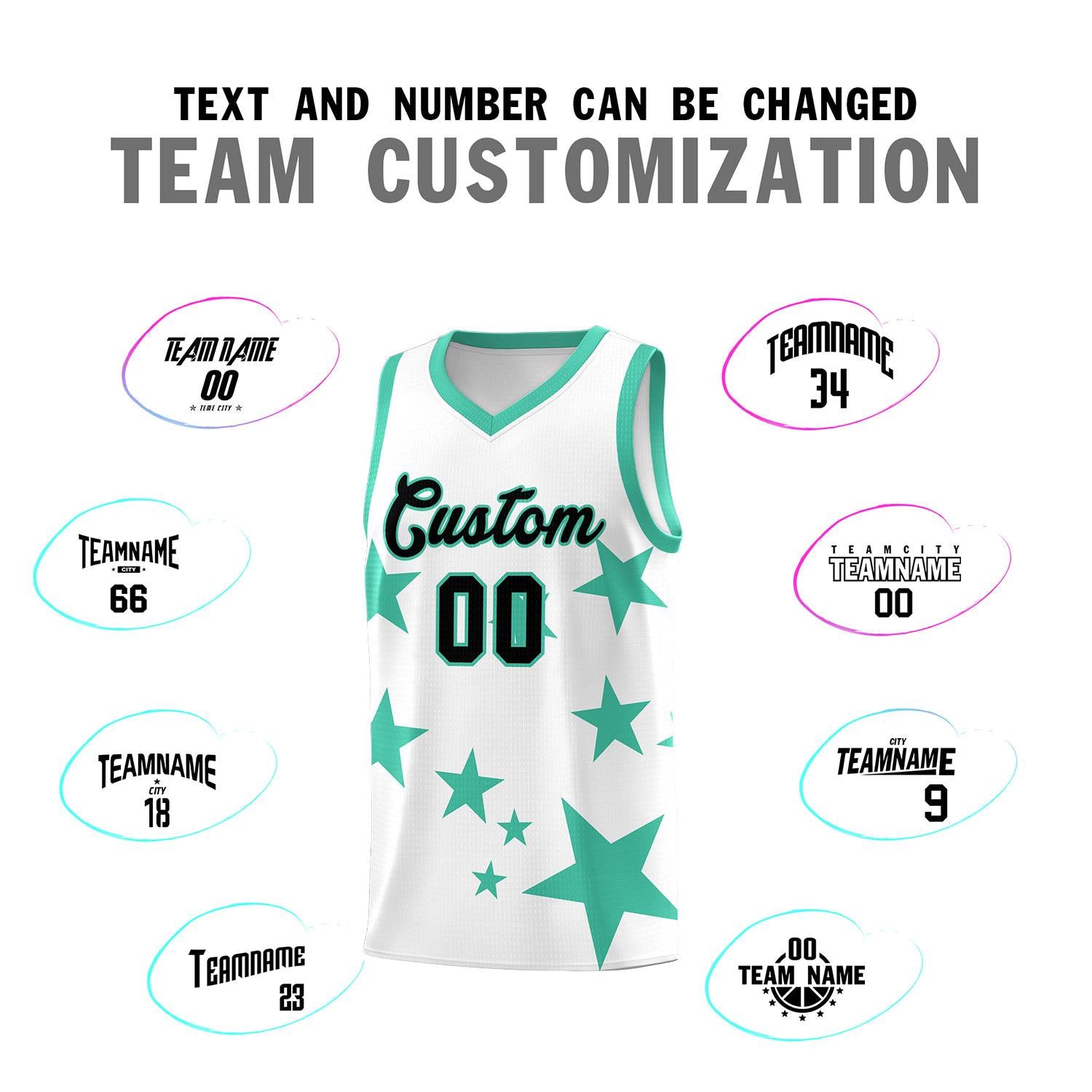 Custom White Bright Green Graffiti Pattern Star Print Basketball Jersey Sets