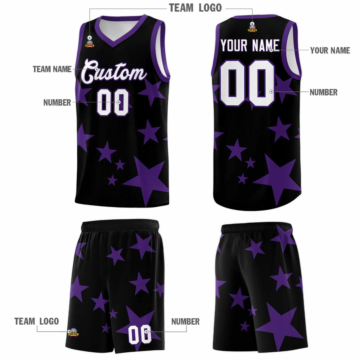 Custom Black Purple Graffiti Pattern Star Print Basketball Jersey Sets