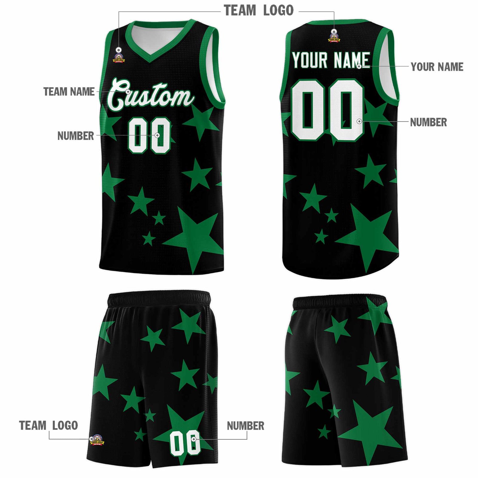 Custom Black Kelly Green Graffiti Pattern Star Print Basketball Jersey Sets