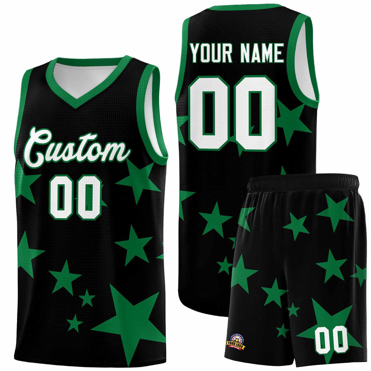 Custom Black Kelly Green Graffiti Pattern Star Print Basketball Jersey Sets