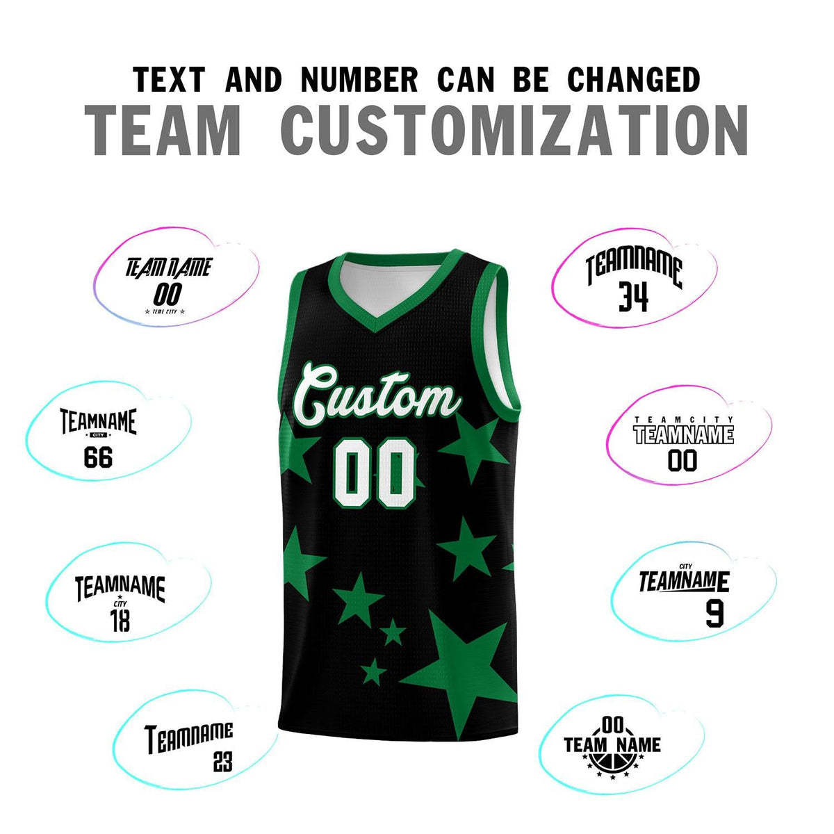 Custom Black Kelly Green Graffiti Pattern Star Print Basketball Jersey Sets