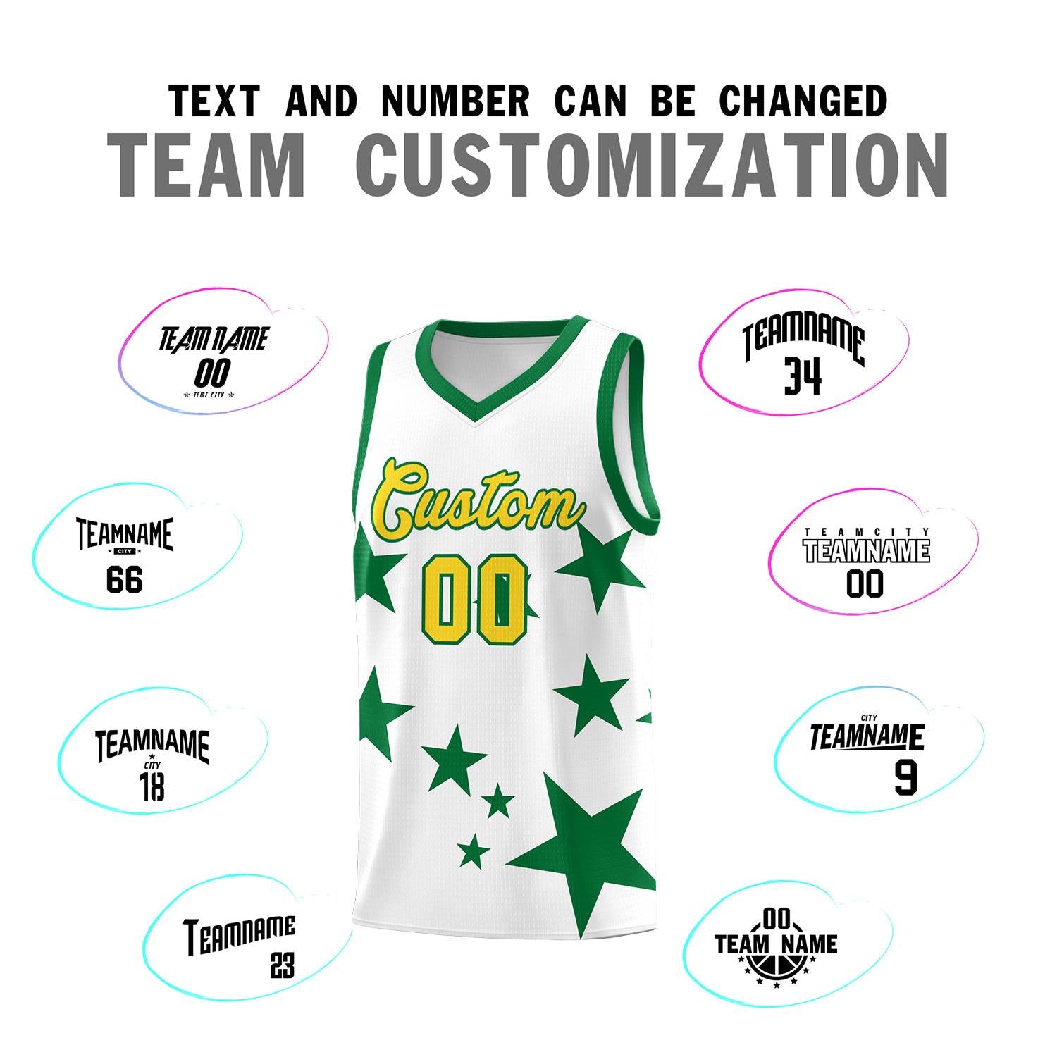 Custom White Kelly Green Graffiti Pattern Star Print Basketball Jersey Sets