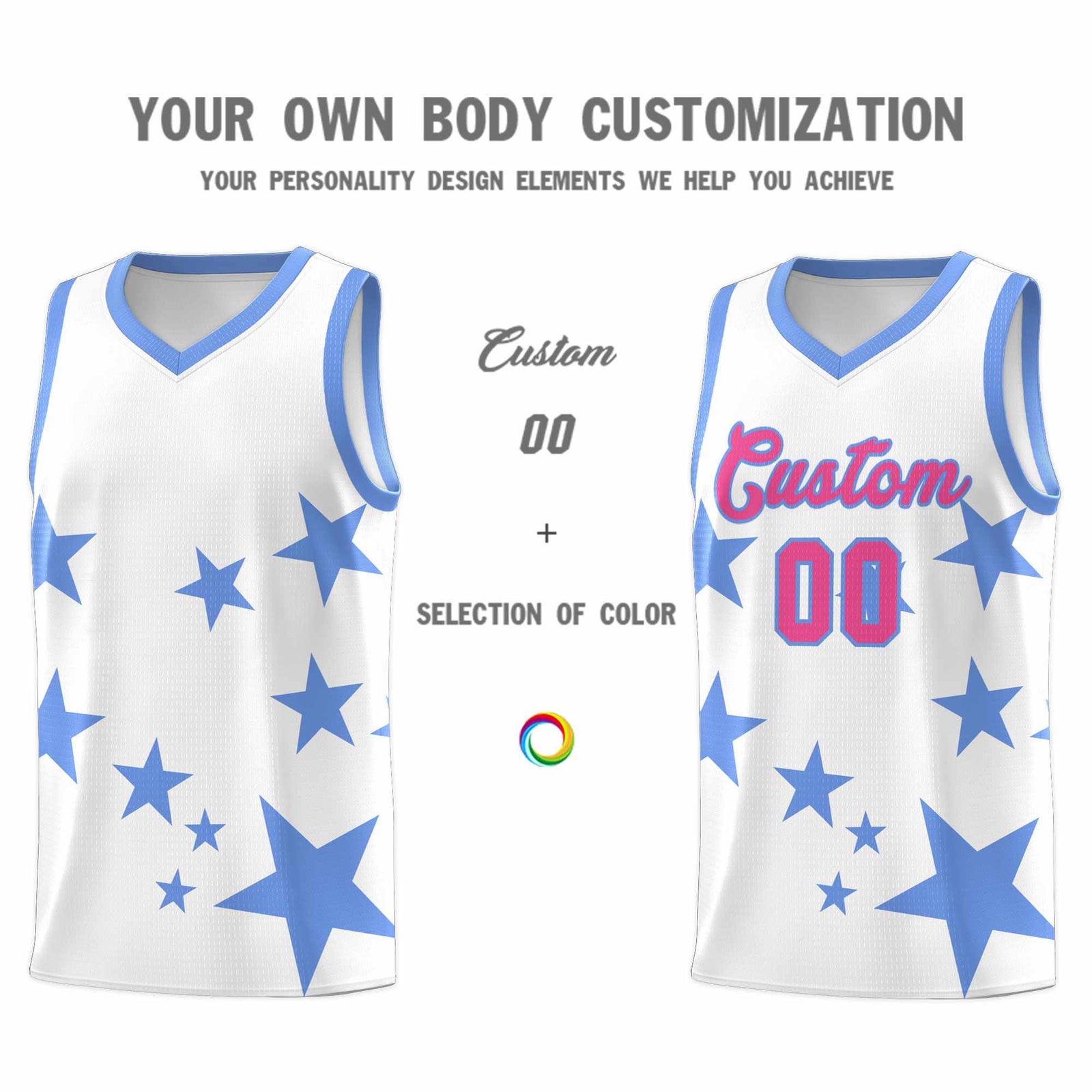 Custom White Light Blue Graffiti Pattern Star Print Basketball Jersey Sets