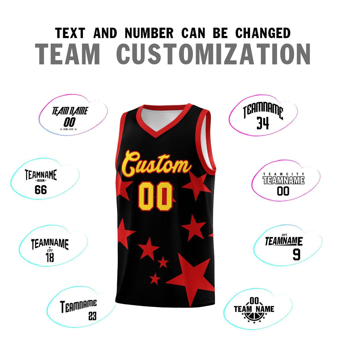 Custom Black Red Graffiti Pattern Star Print Basketball Jersey Sets