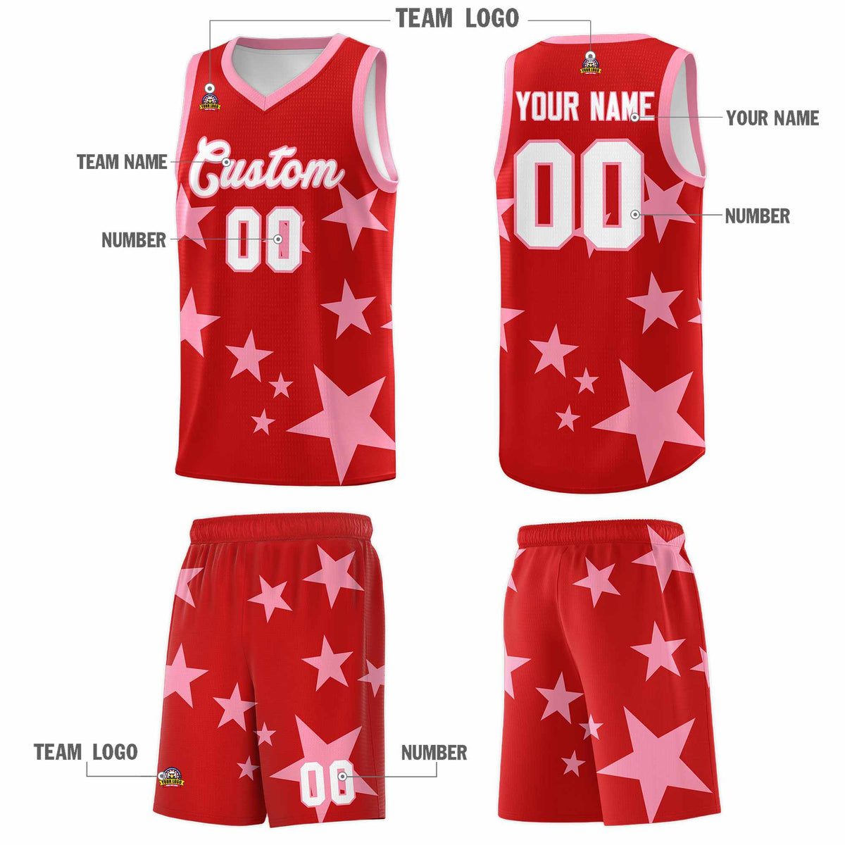 Custom Red Light Pink Graffiti Pattern Star Print Basketball Jersey Sets