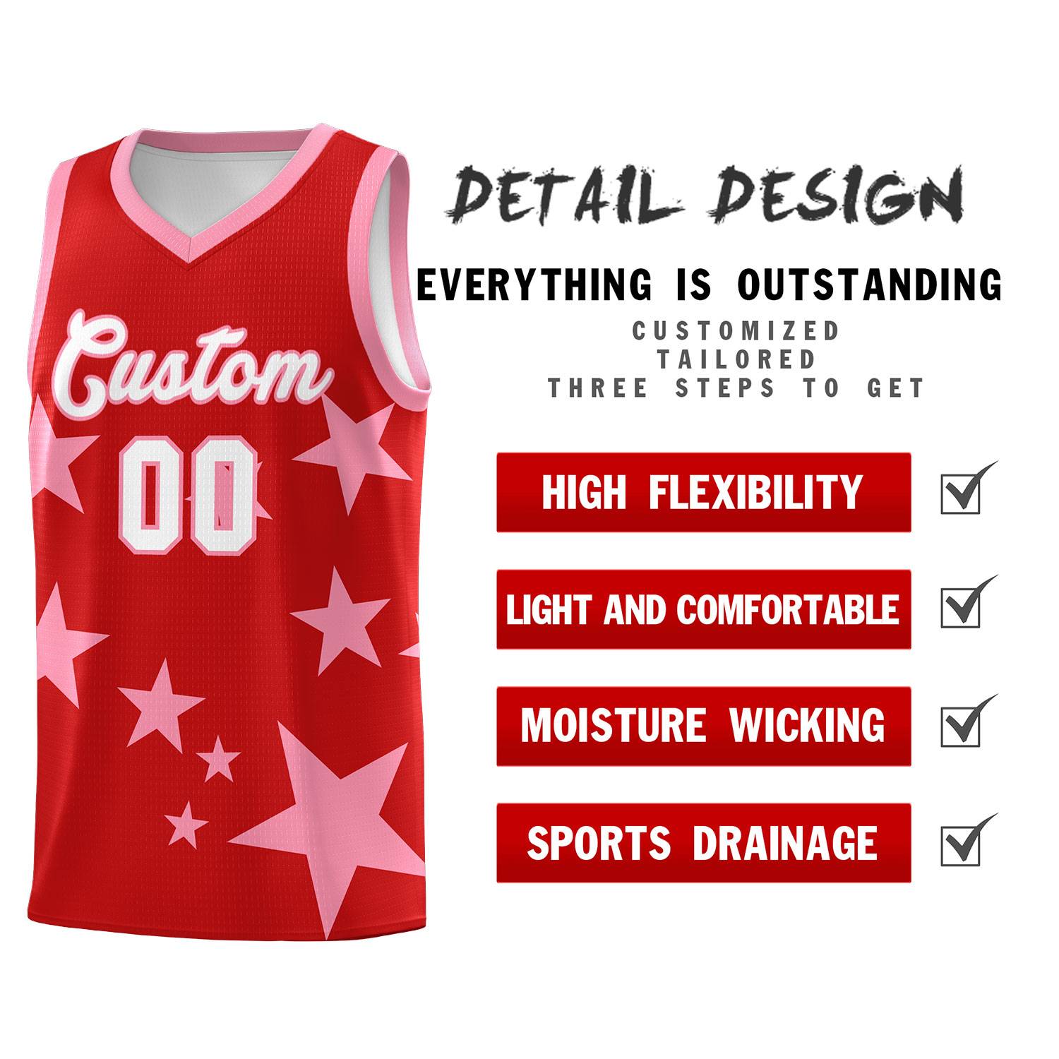 Custom Red Light Pink Graffiti Pattern Star Print Basketball Jersey Sets