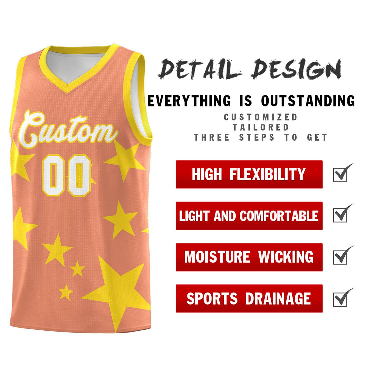 Custom Light Orange Gold Graffiti Pattern Star Print Basketball Jersey Sets