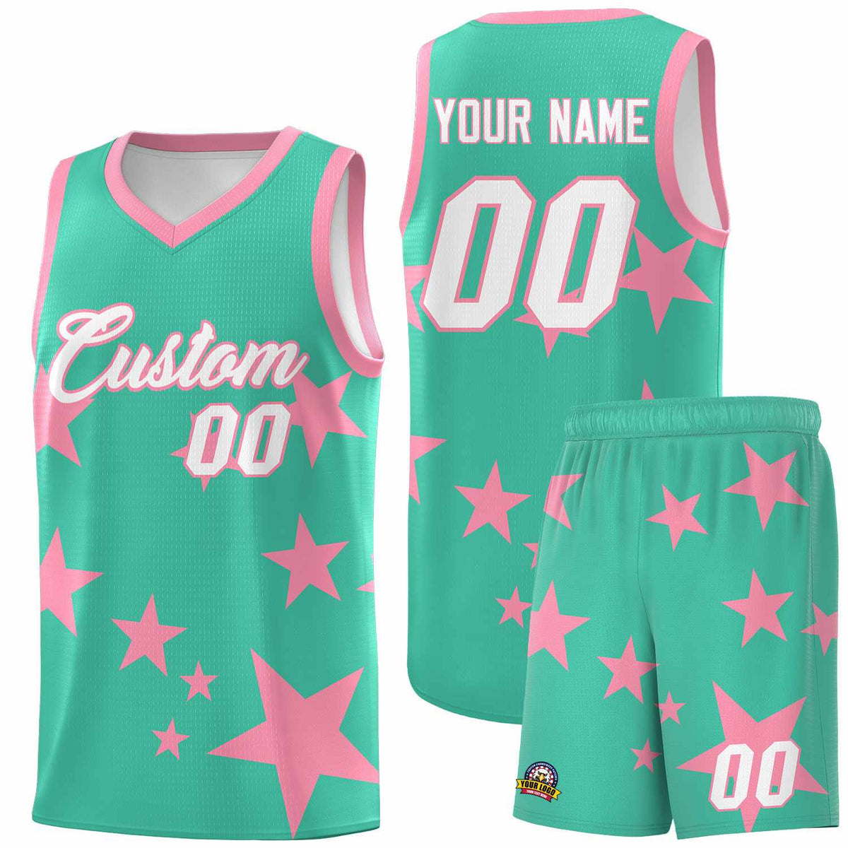 Custom Bright Green Light Pink Graffiti Pattern Star Print Basketball Jersey Sets
