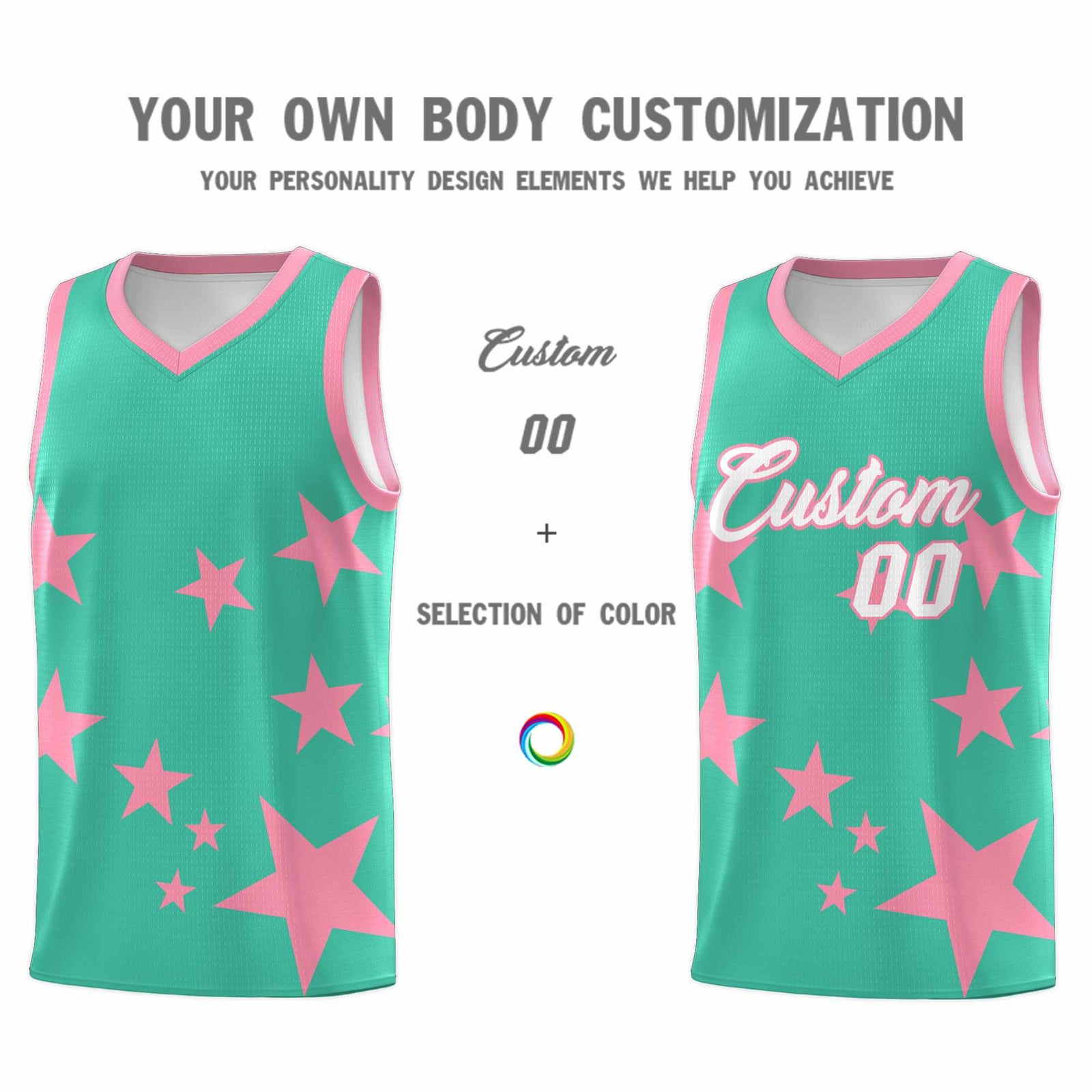 Custom Bright Green Light Pink Graffiti Pattern Star Print Basketball Jersey Sets