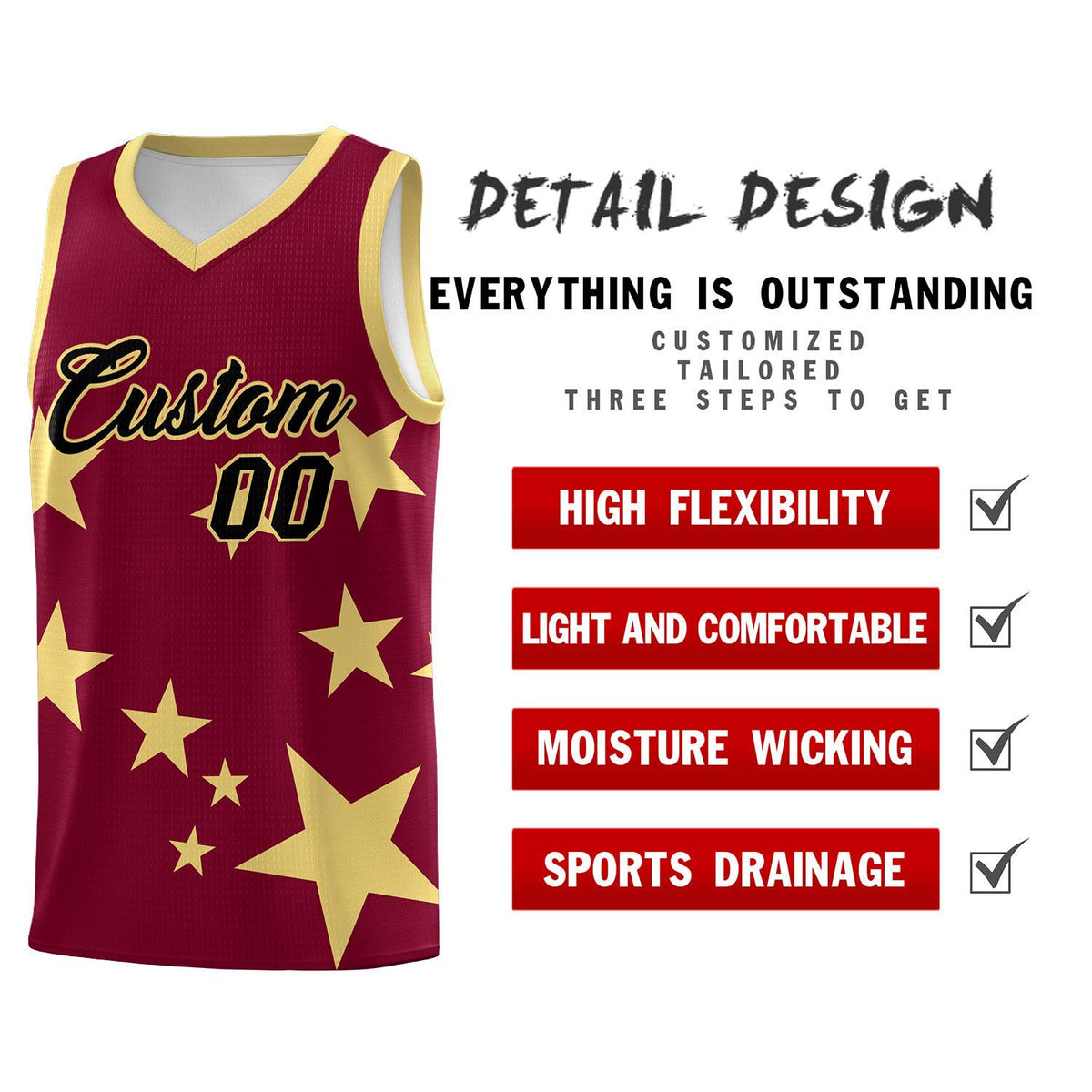 Custom Crimson Khaki Graffiti Pattern Star Print Basketball Jersey Sets