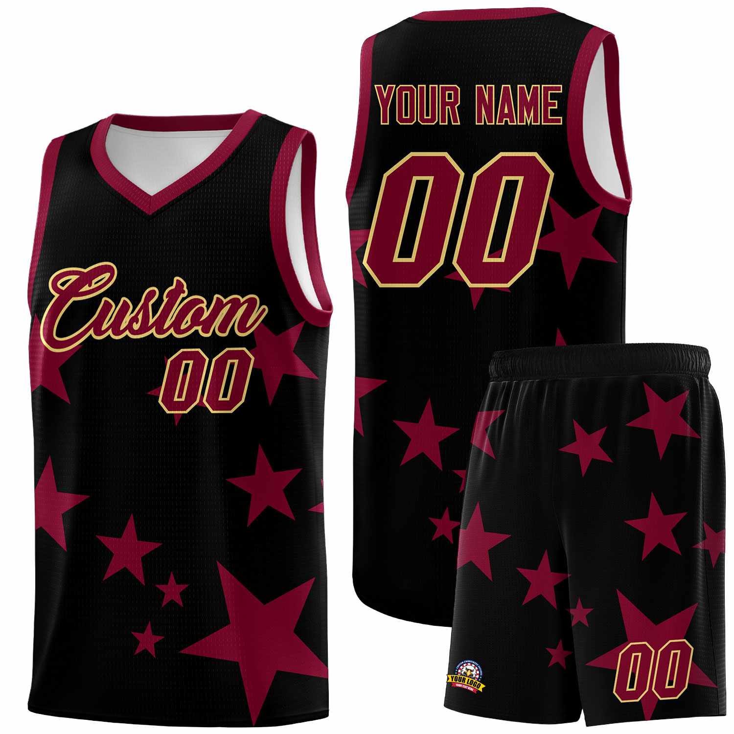 Custom Black Crimson Graffiti Pattern Star Print Basketball Jersey Sets