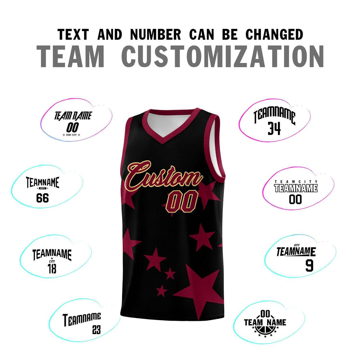 Custom Black Crimson Graffiti Pattern Star Print Basketball Jersey Sets