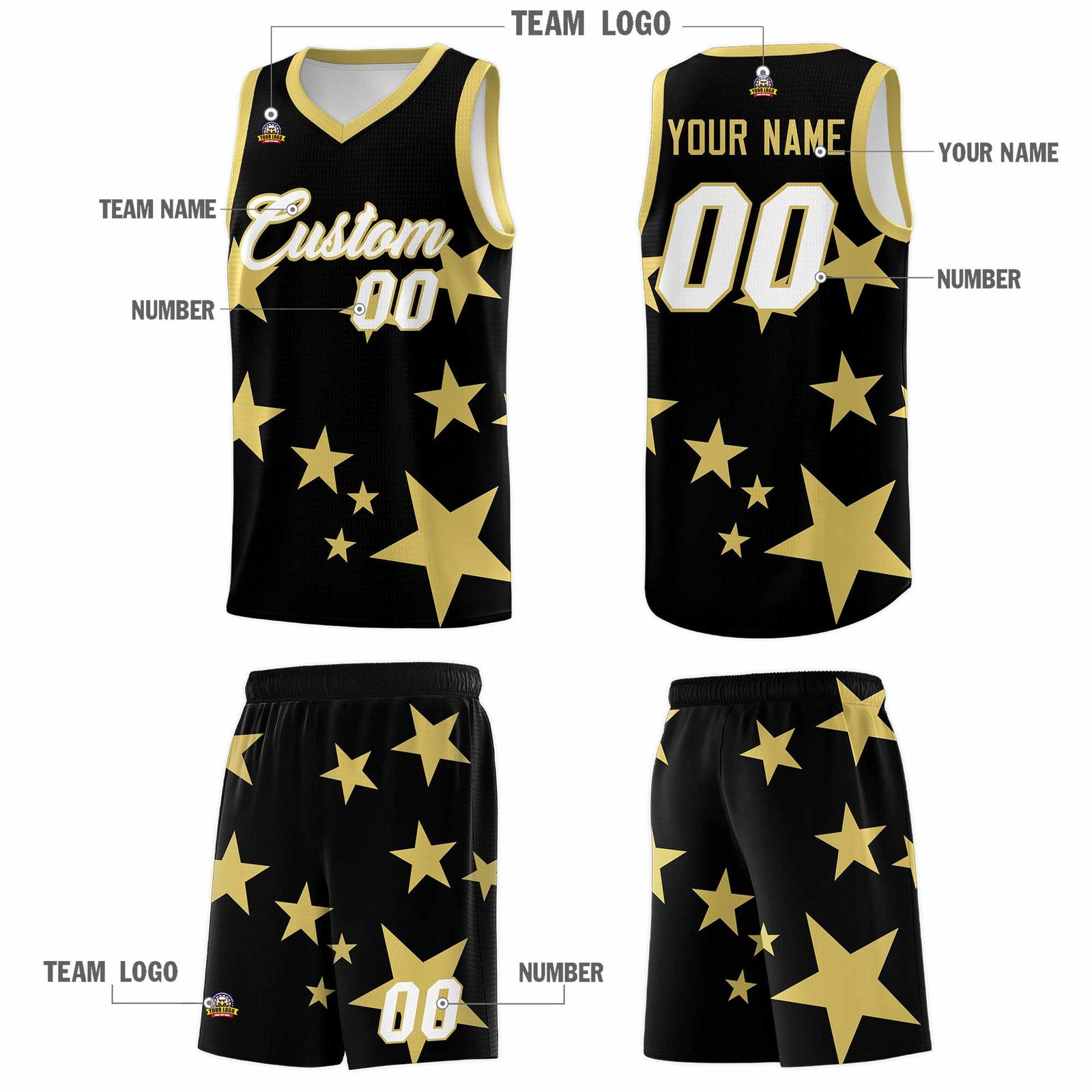 Custom Black Old Gold Graffiti Pattern Star Print Basketball Jersey Sets