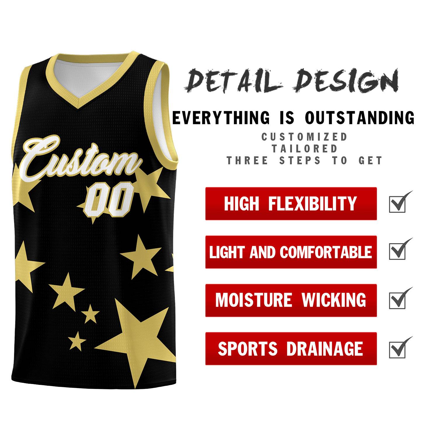 Custom Black Old Gold Graffiti Pattern Star Print Basketball Jersey Sets