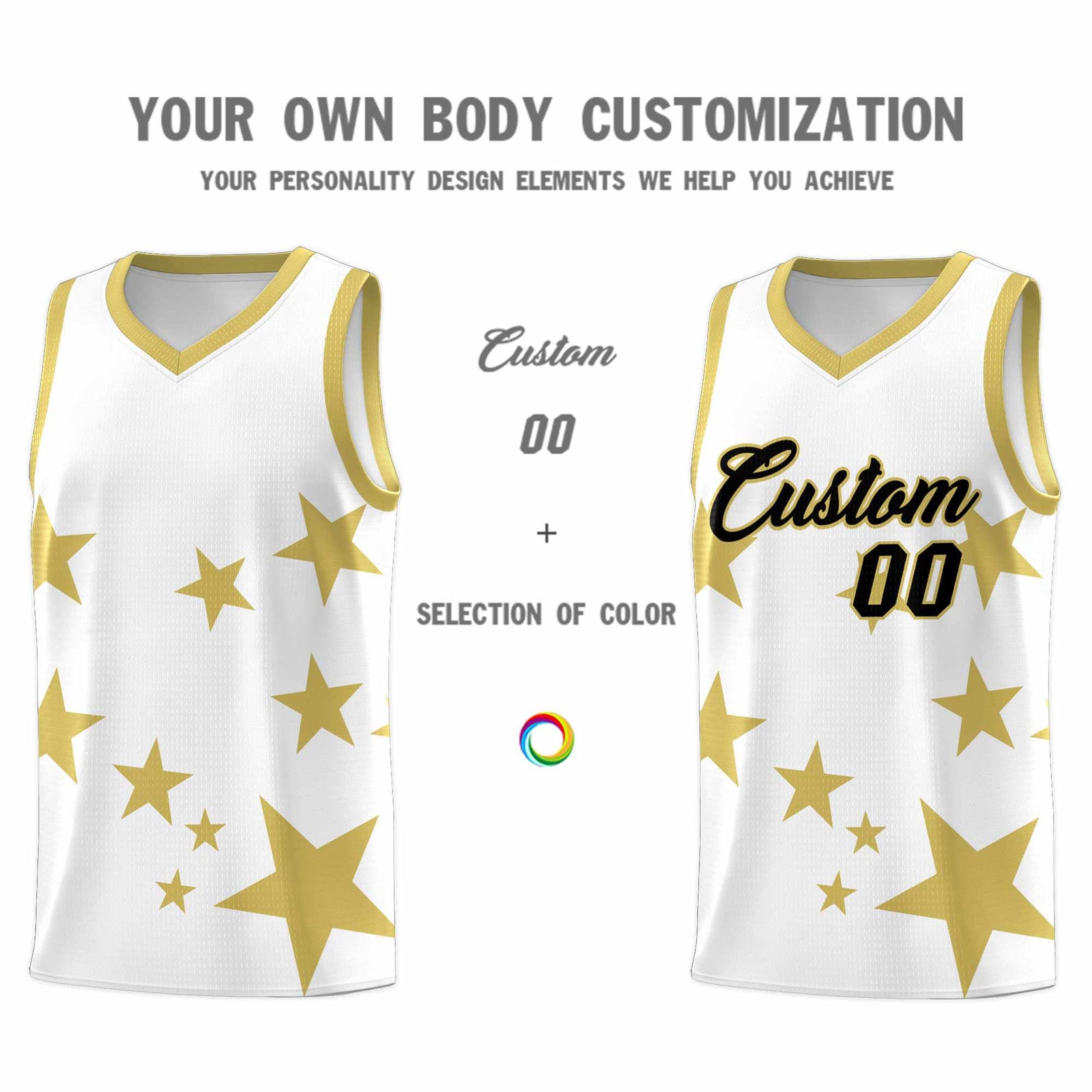 Custom White Old Gold Graffiti Pattern Star Print Basketball Jersey Sets