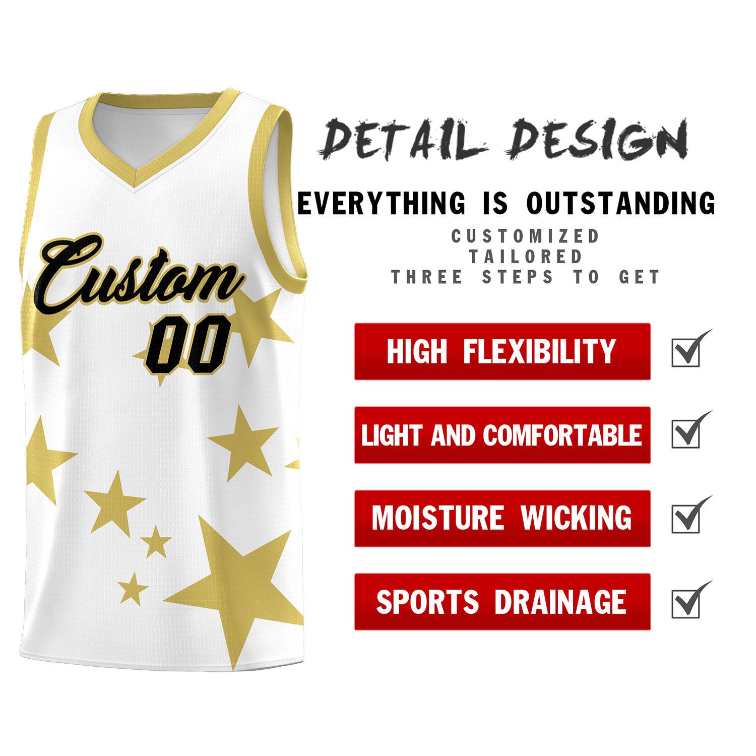 Custom White Old Gold Graffiti Pattern Star Print Basketball Jersey Sets