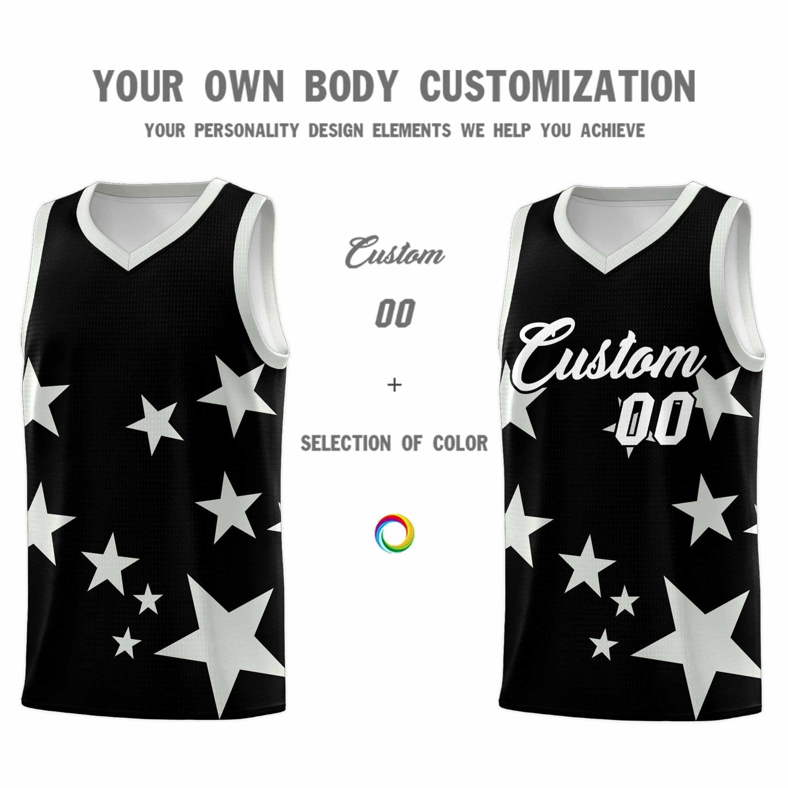 Custom Black Gray Graffiti Pattern Star Print Basketball Jersey Sets
