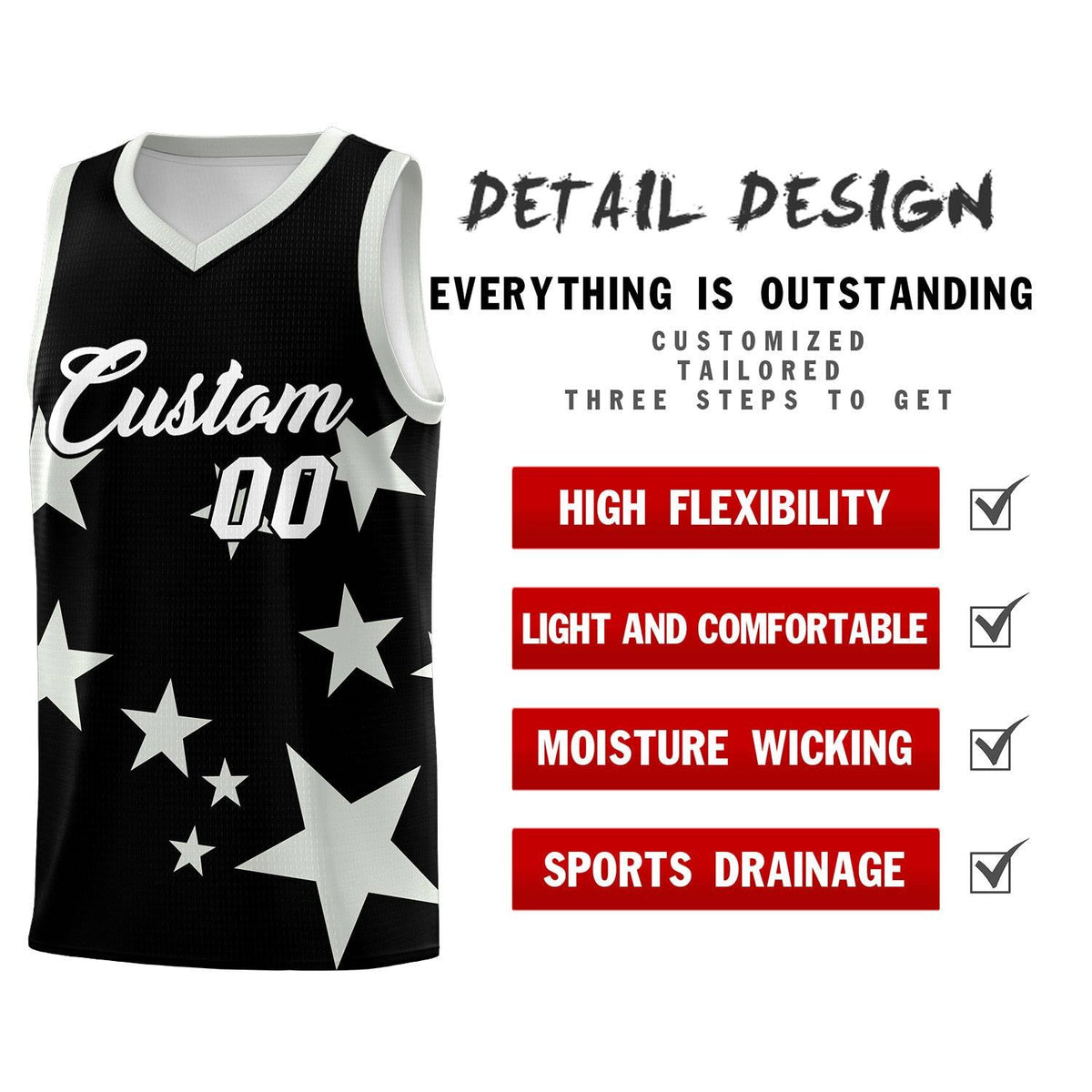 Custom Black Gray Graffiti Pattern Star Print Basketball Jersey Sets