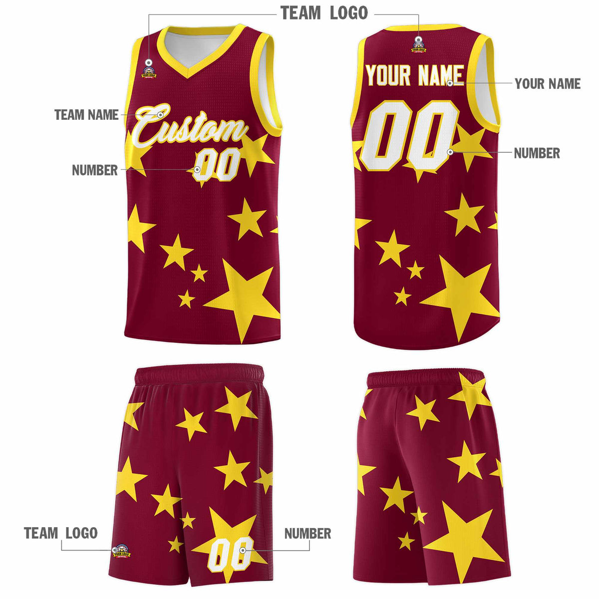 Custom Crimson Gold Graffiti Pattern Star Print Basketball Jersey Sets