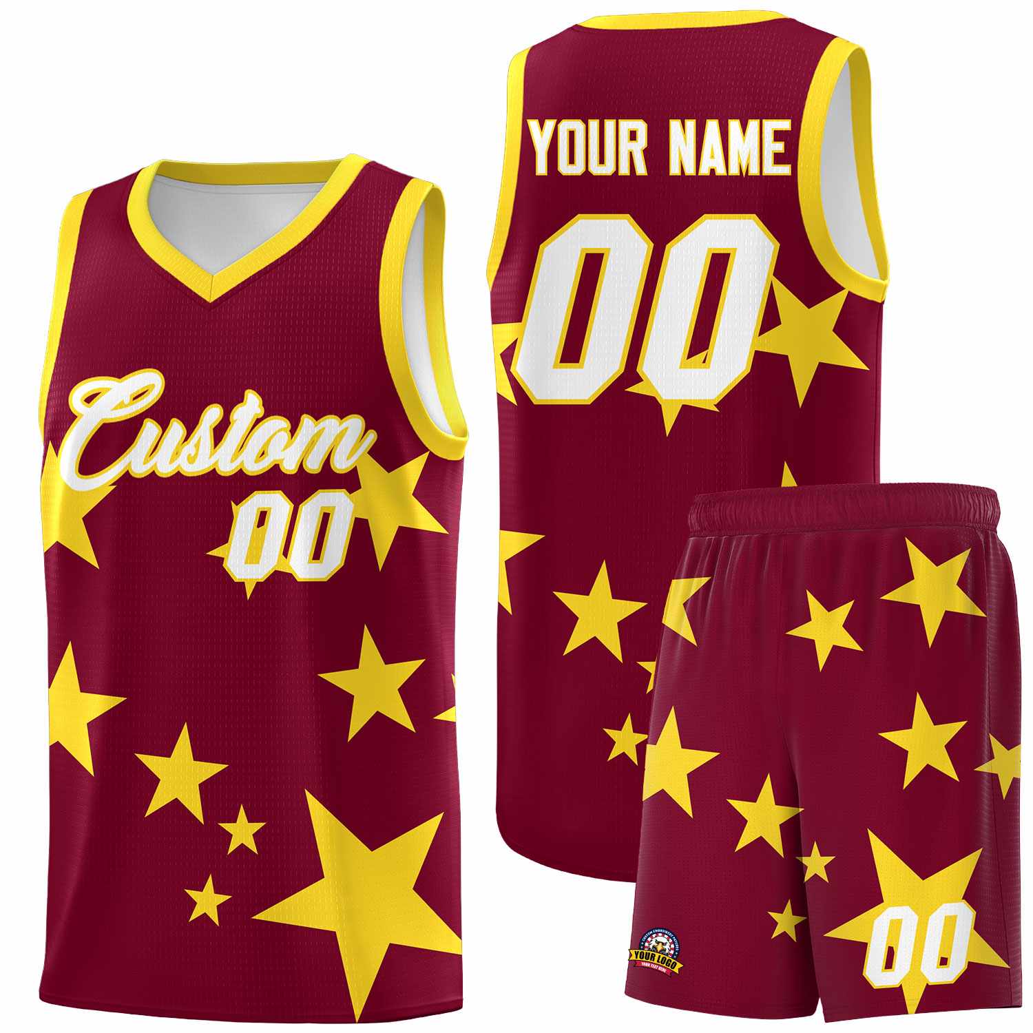 Custom Crimson Gold Graffiti Pattern Star Print Basketball Jersey Sets