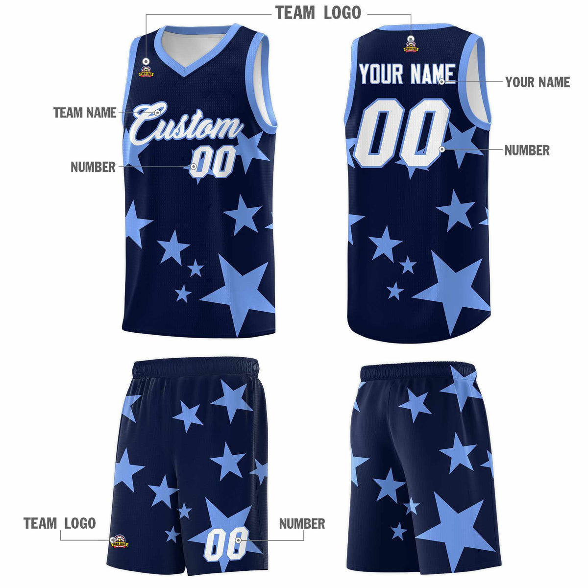Custom Navy Light Blue Graffiti Pattern Star Print Basketball Jersey Sets