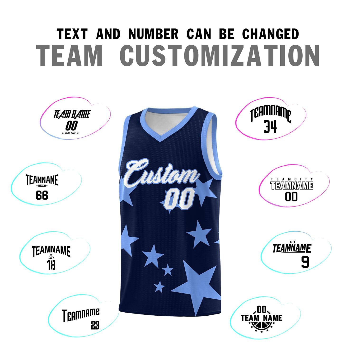 Custom Navy Light Blue Graffiti Pattern Star Print Basketball Jersey Sets