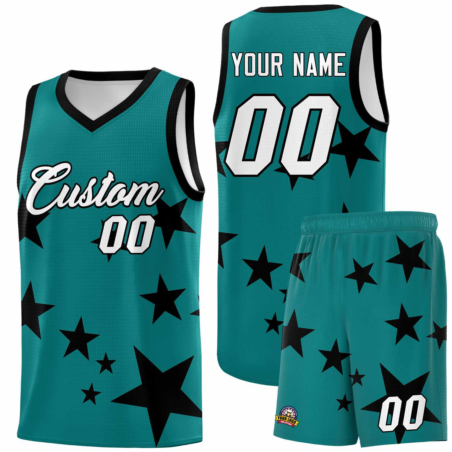 Custom Aqua Black Graffiti Pattern Star Print Basketball Jersey Sets
