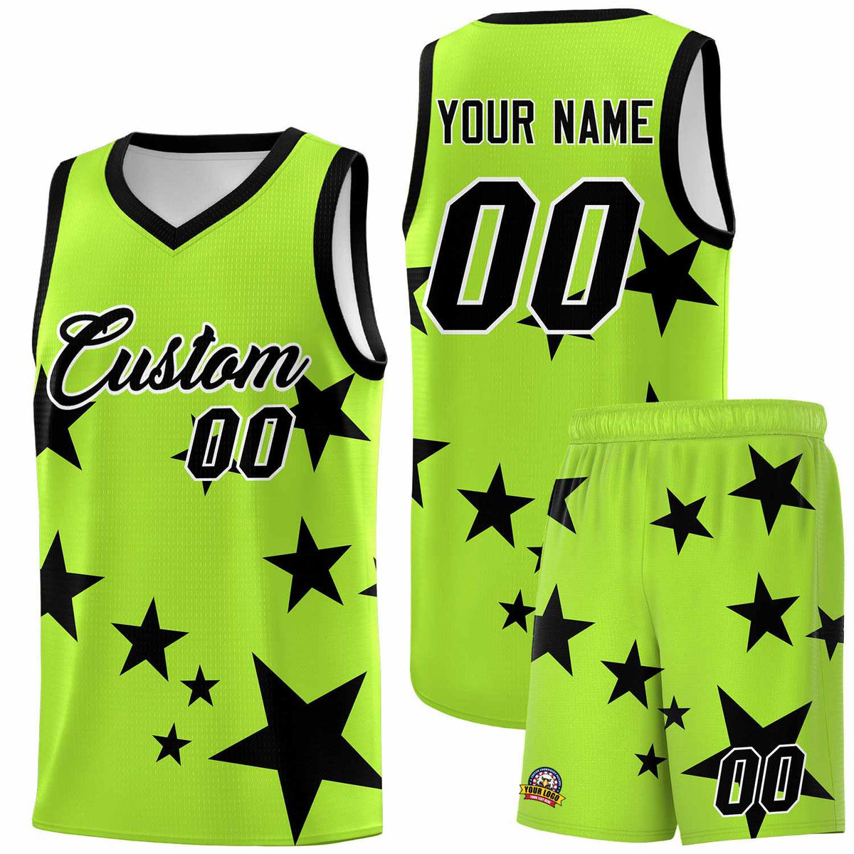 Custom Light Green Black Graffiti Pattern Star Print Basketball Jersey Sets
