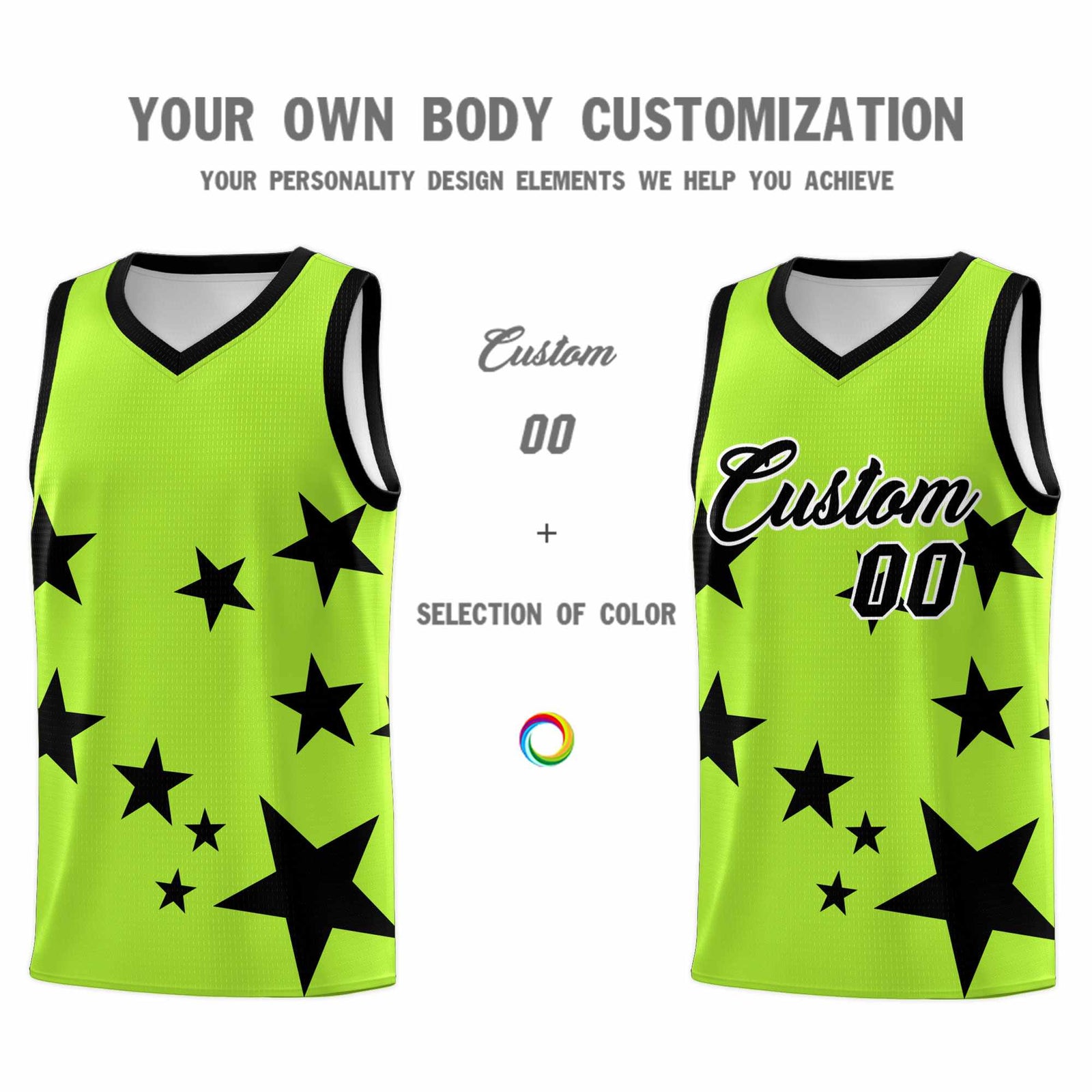 Custom Light Green Black Graffiti Pattern Star Print Basketball Jersey Sets