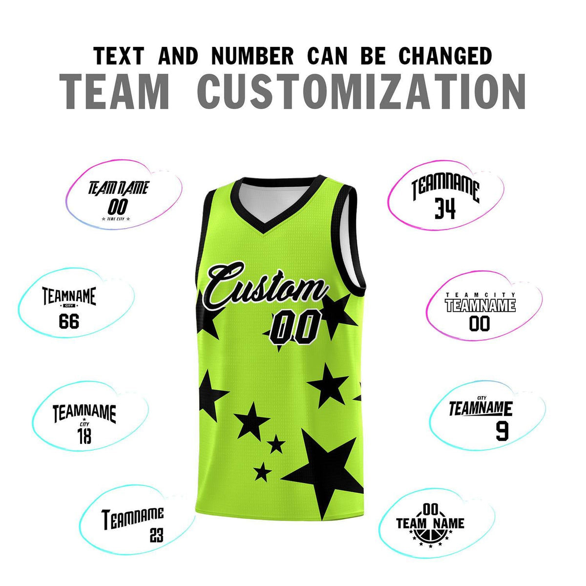 Custom Light Green Black Graffiti Pattern Star Print Basketball Jersey Sets