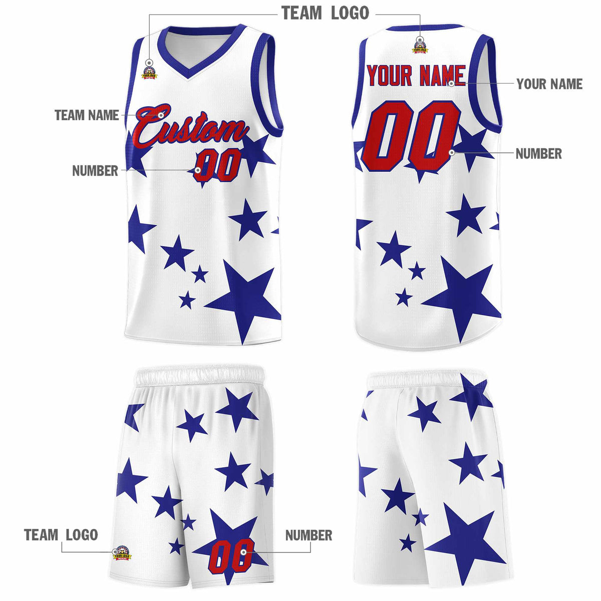 Custom White Royal Graffiti Pattern Star Print Basketball Jersey Sets