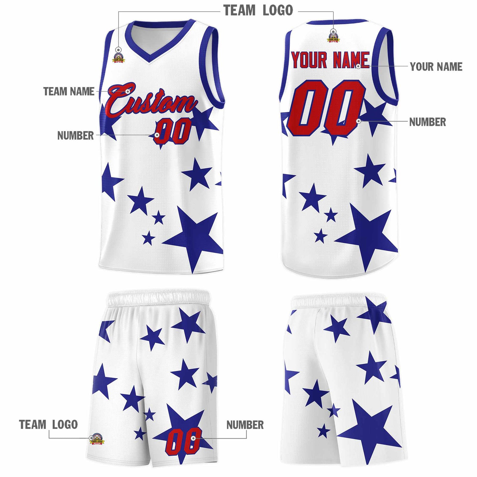 Custom White Royal Graffiti Pattern Star Print Basketball Jersey Sets