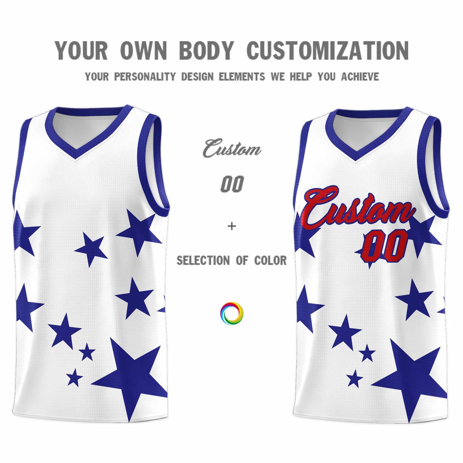 Custom White Royal Graffiti Pattern Star Print Basketball Jersey Sets