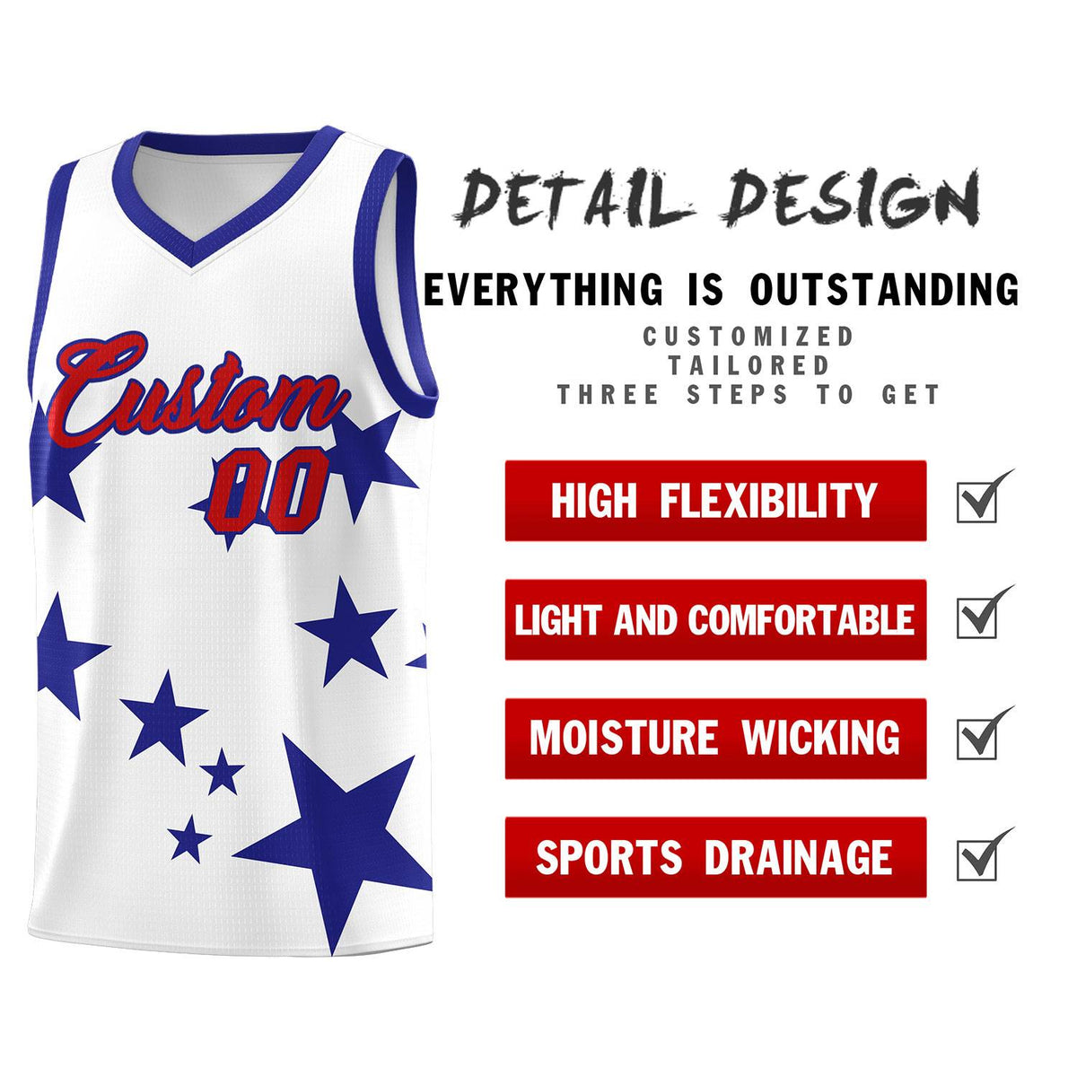 Custom White Royal Graffiti Pattern Star Print Basketball Jersey Sets