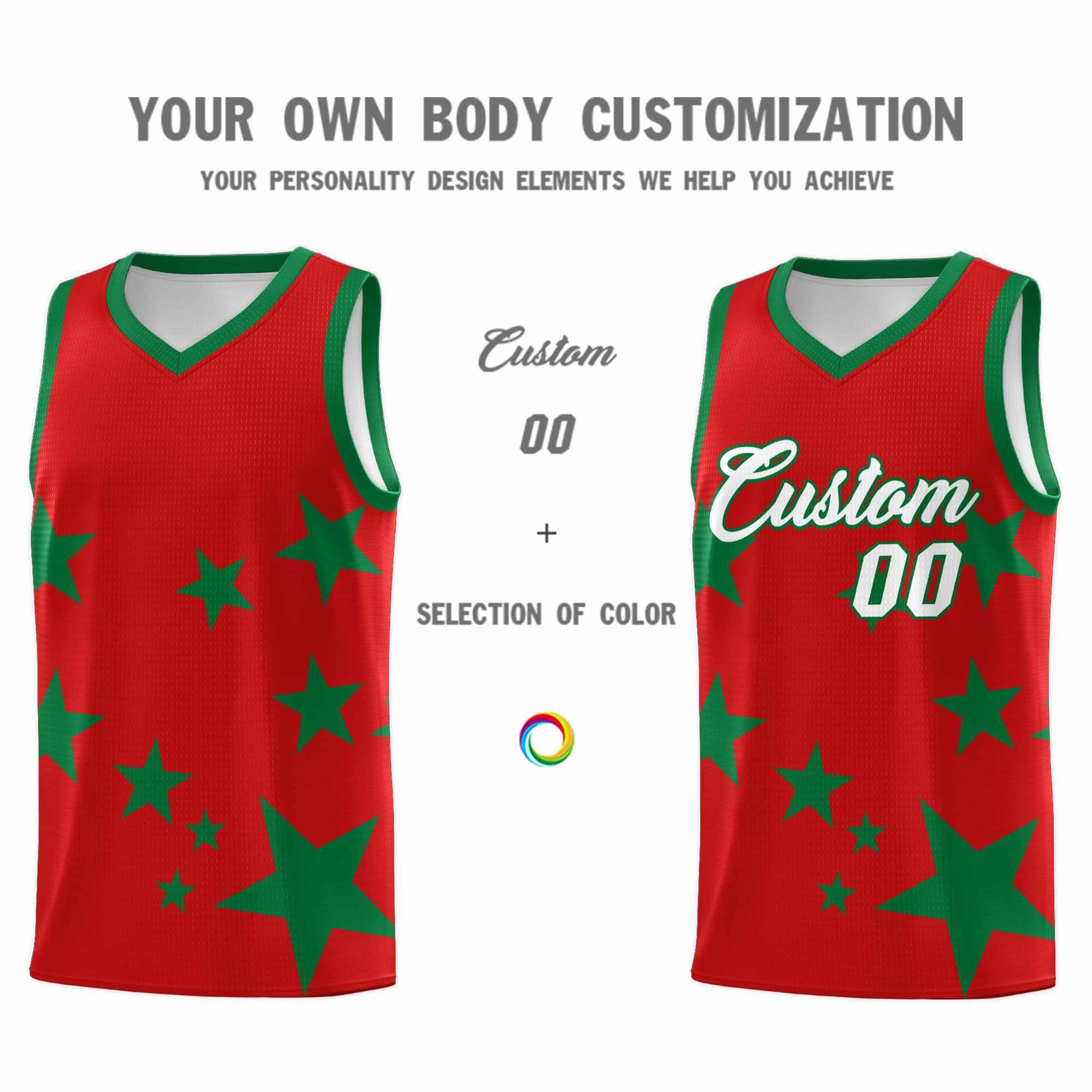 Custom Red Kelly Green Graffiti Pattern Star Print Basketball Jersey Sets