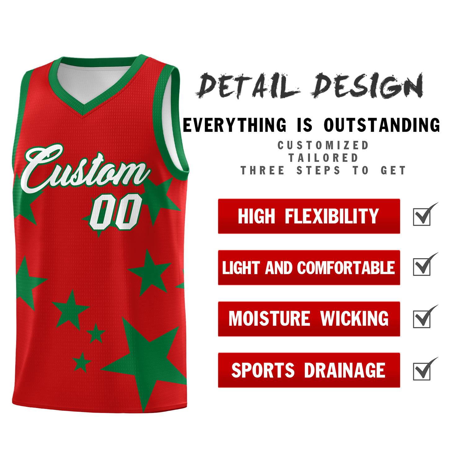 Custom Red Kelly Green Graffiti Pattern Star Print Basketball Jersey Sets
