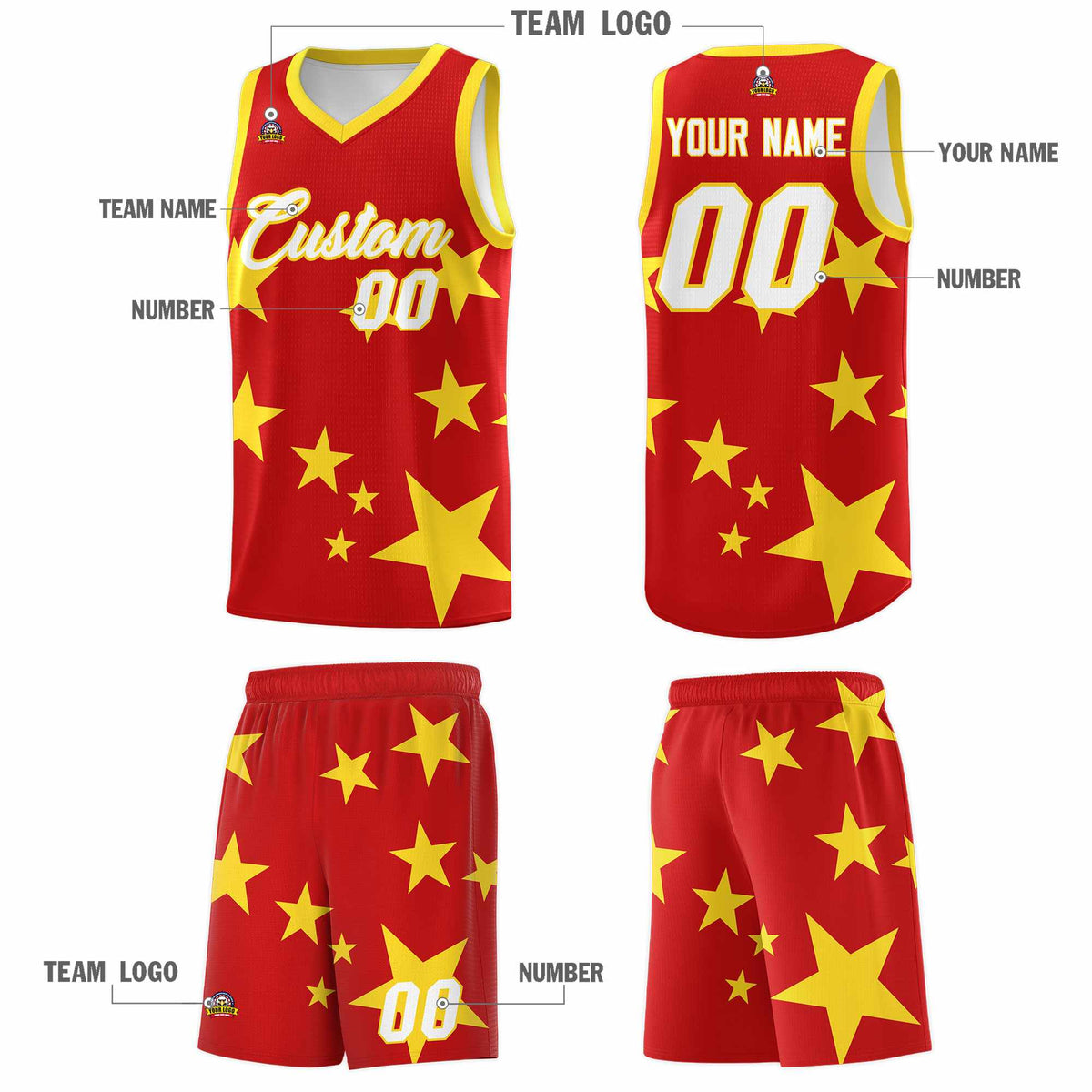 Custom Red Gold Graffiti Pattern Star Print Basketball Jersey Sets