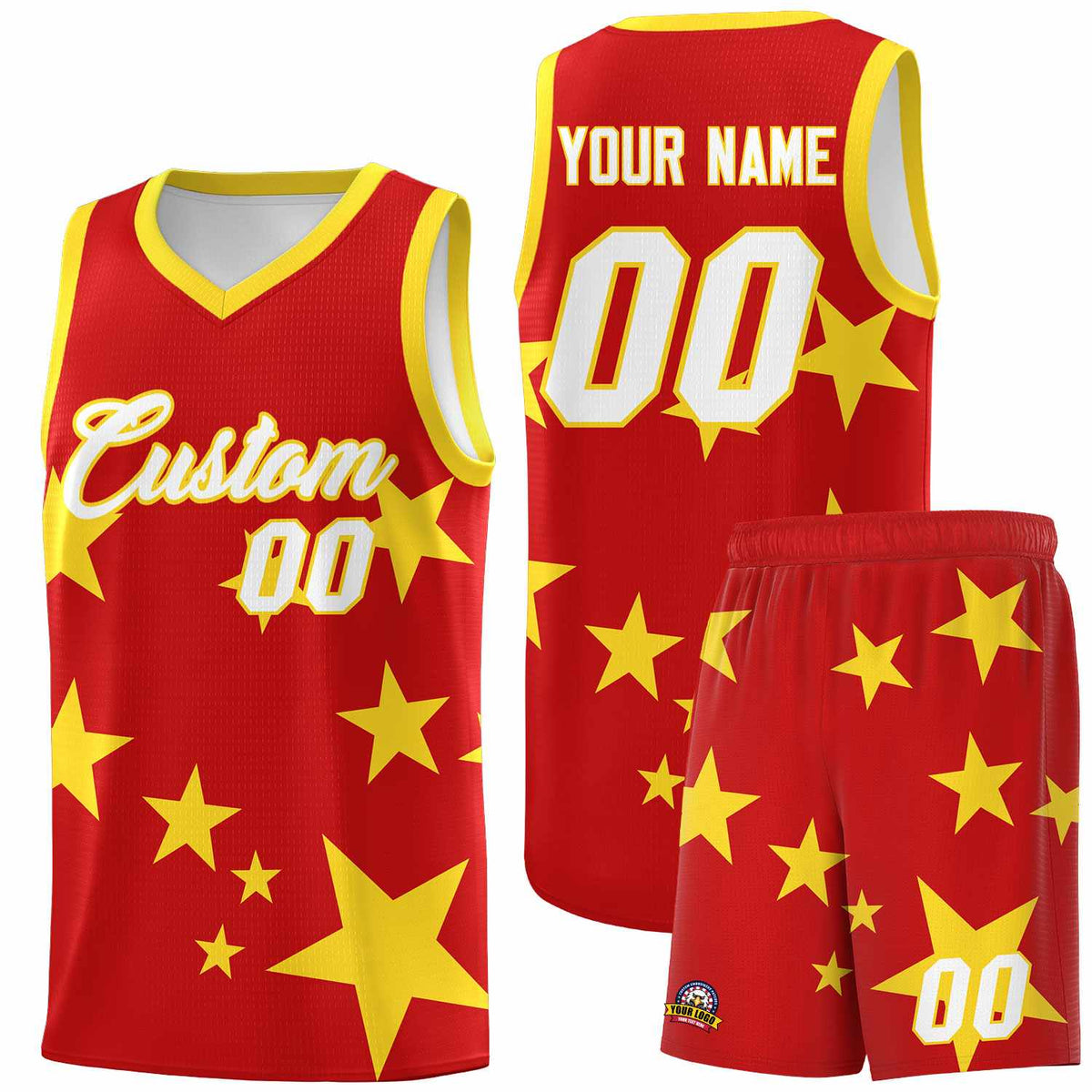 Custom Red Gold Graffiti Pattern Star Print Basketball Jersey Sets