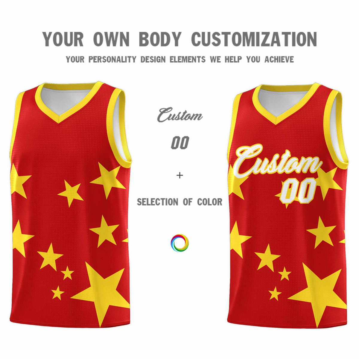 Custom Red Gold Graffiti Pattern Star Print Basketball Jersey Sets