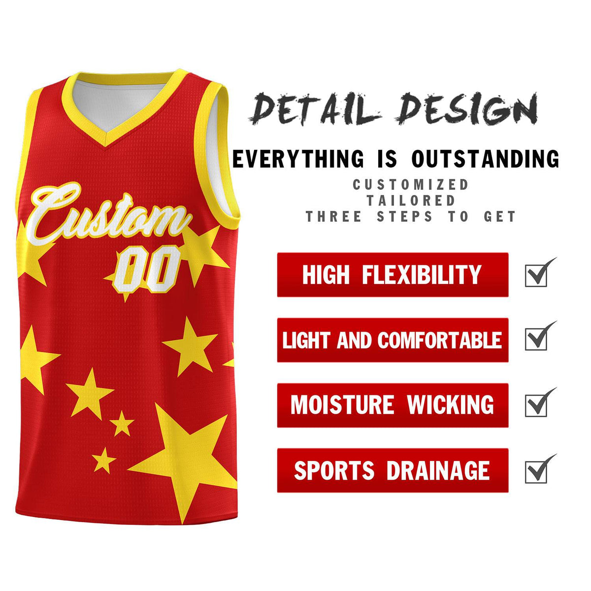 Custom Red Gold Graffiti Pattern Star Print Basketball Jersey Sets