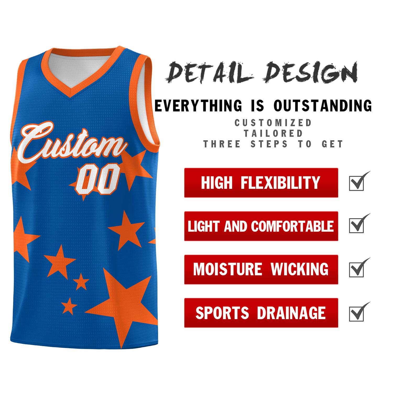 Custom Royal Orange Graffiti Pattern Star Print Basketball Jersey Sets