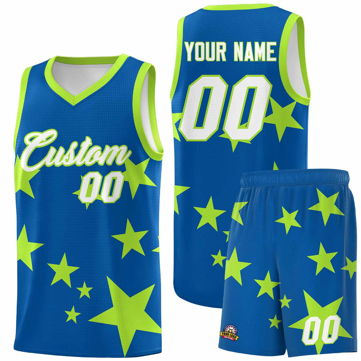 Custom Royal Light Green Graffiti Pattern Star Print Basketball Jersey Sets