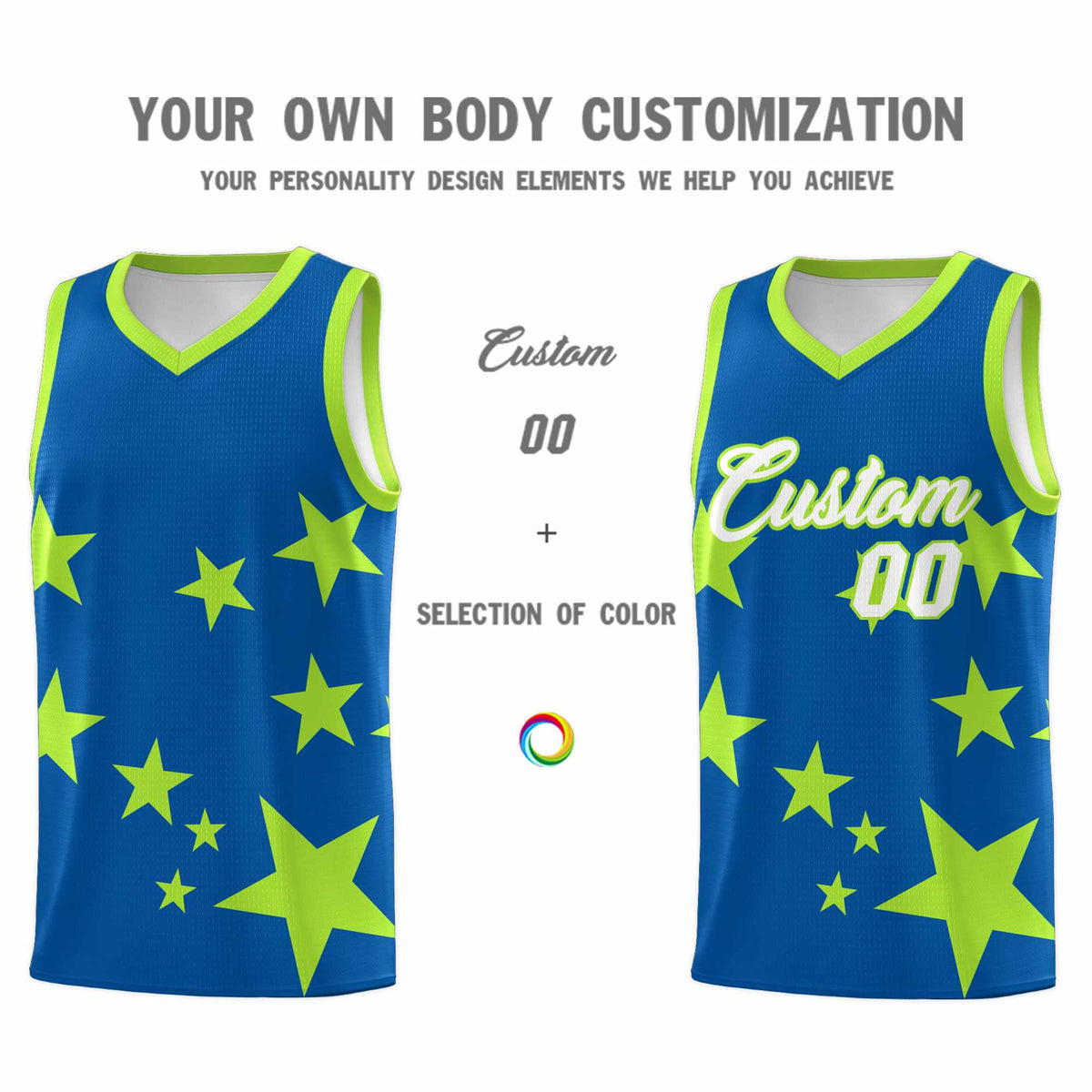 Custom Royal Light Green Graffiti Pattern Star Print Basketball Jersey Sets